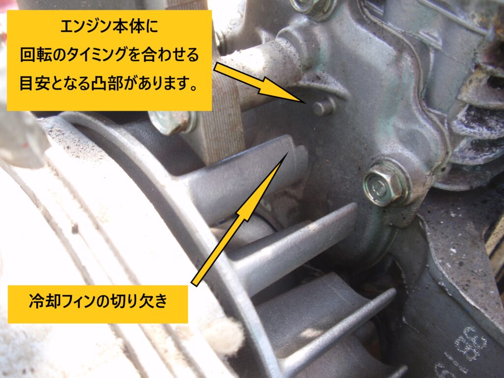HONNDA 4サイクルＯＨＶエンジン　ＧＸ３１　ピストンが上死点にある時には冷却フィンの切り欠きがエンジンの突起部の下になります。