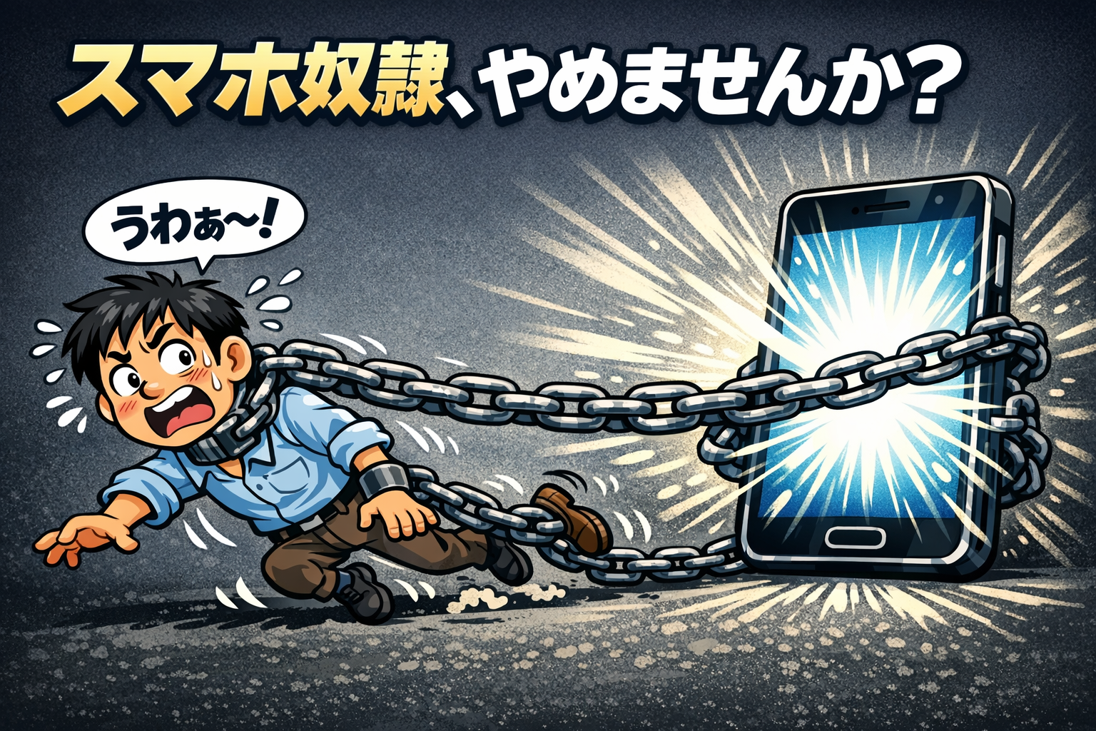 スマホに鎖でつながれた人物が引きずられる様子 ポイ活による時間の浪費とスマホ依存のイメージ