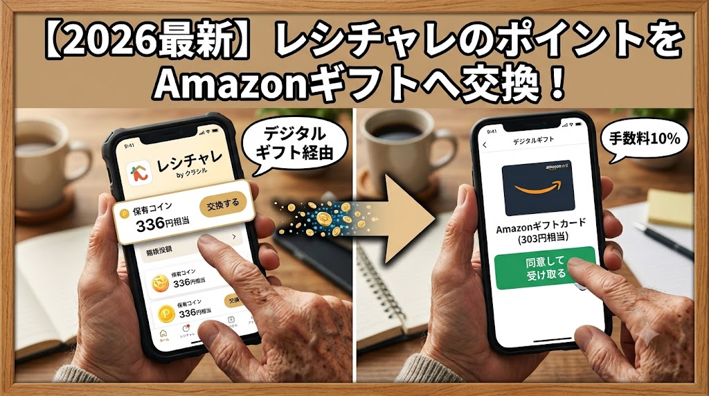 【2026最新】レシチャレのポイントをAmazonギフトへ交換！スマホで交換手順を実践する様子と手数料10%・デジタルギフト経由の補足。