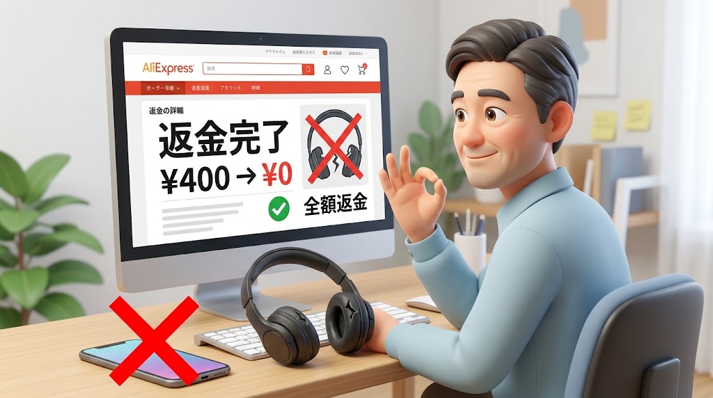 AliExpress（アリエクスプレス）の破損商品をスマホアプリを使わずPCで返金申請し、全額返金されたおじさんのイラスト。PC画面には「返金完了」「¥400 -> ¥0」の文字。