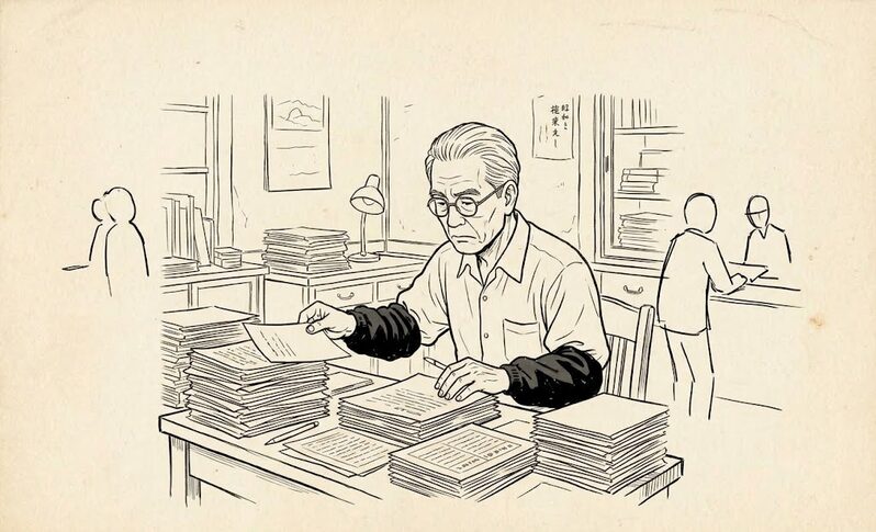 昭和風の役所で書類を1枚ずつ確認するAI作成イメージ画像